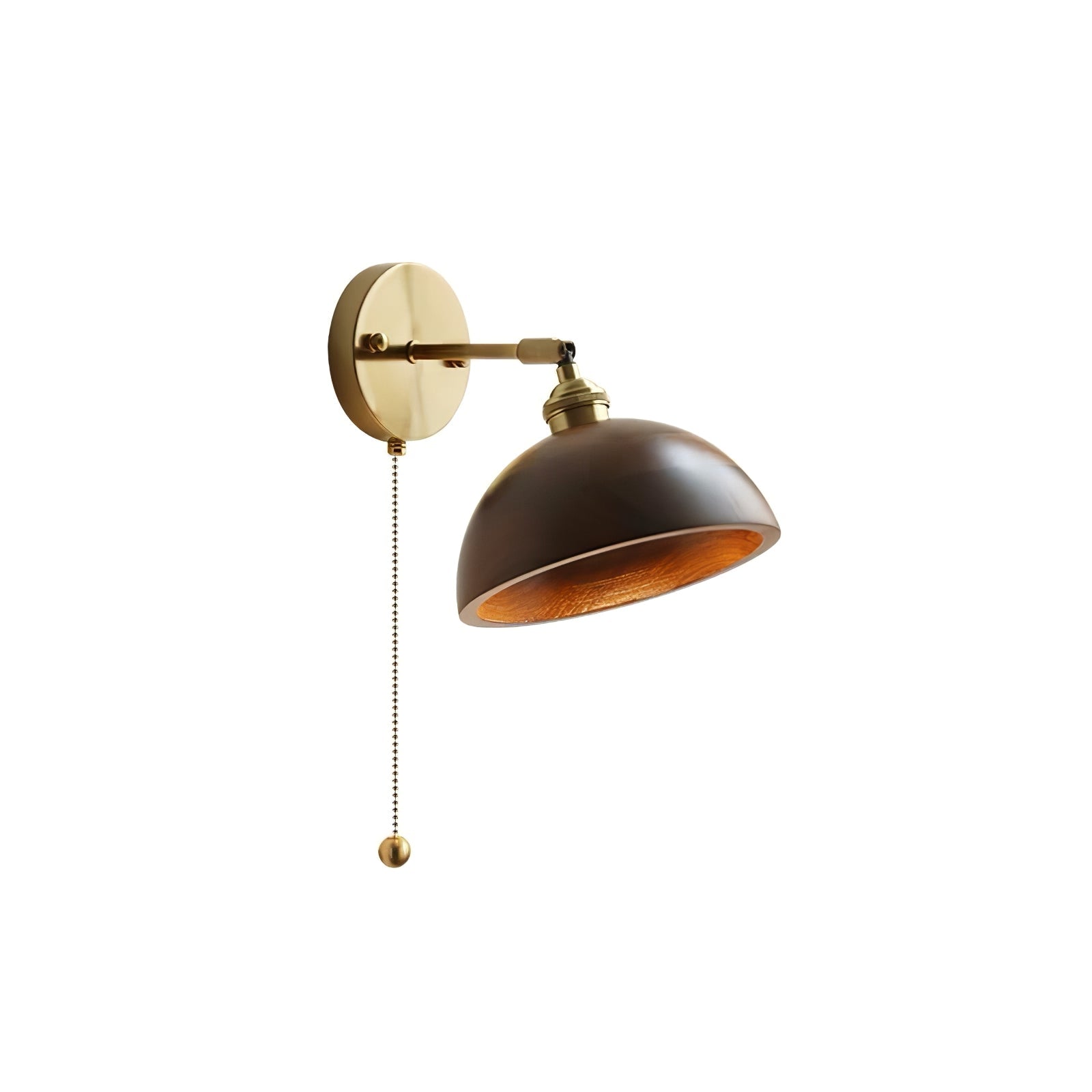 Walnut wood wall sconce close up showing brass finish
