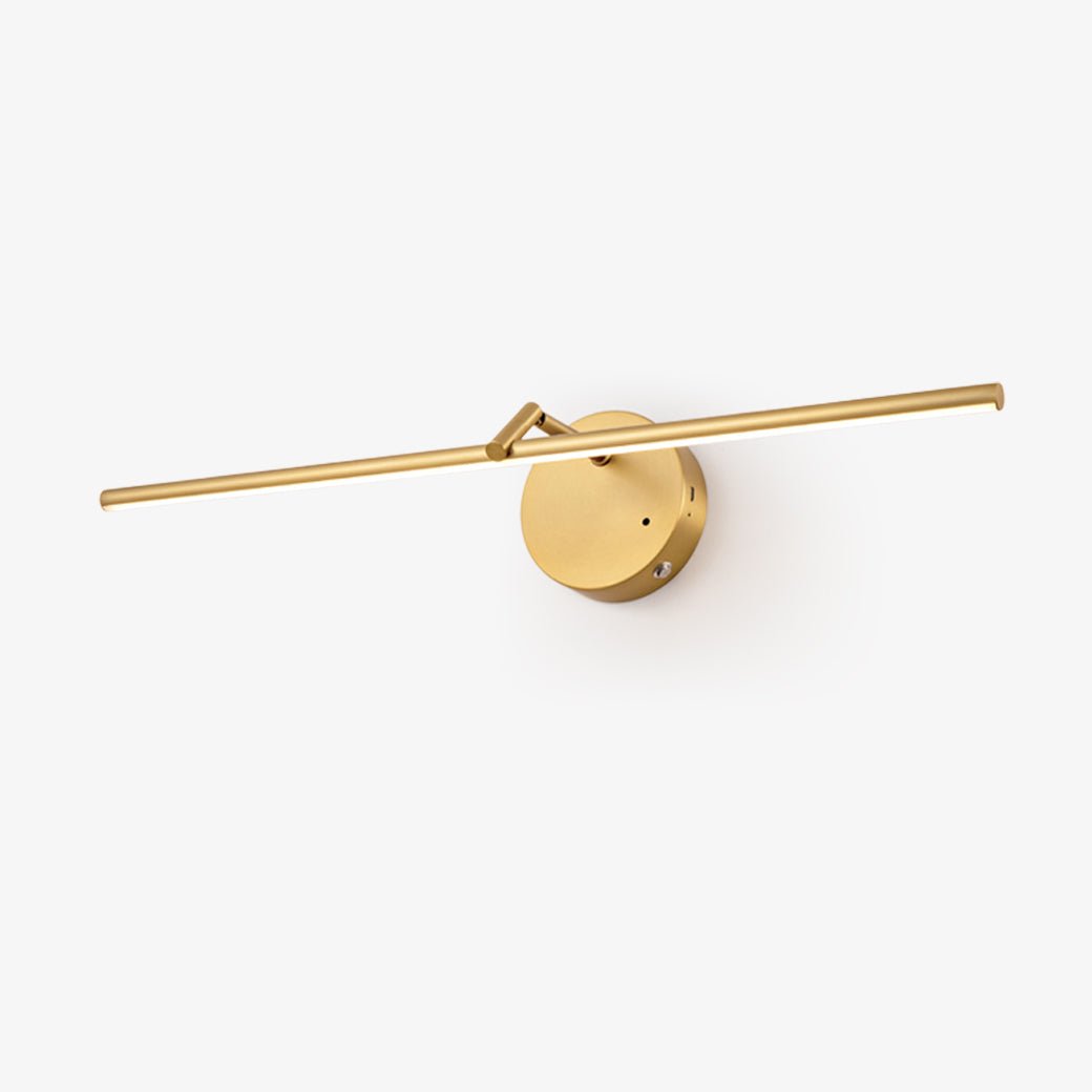 A gold-finish Clérachic wall light shown alone against a plain white background, its slim bar angled beside the round canopy.