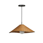 On a plain backdrop, this Clérachic pendant hangs unlit, its scalloped rattan trim shown in profile.