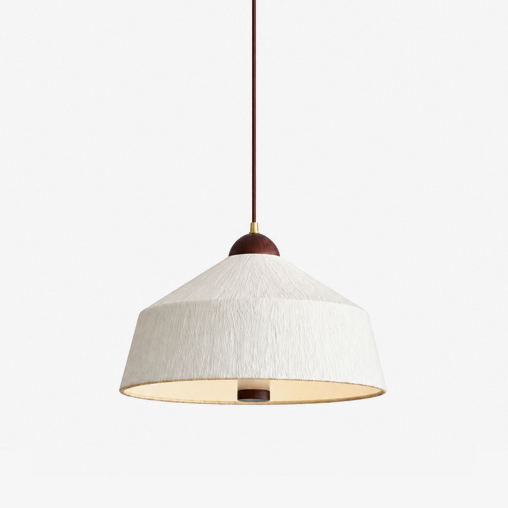Product view of this Clérachic pendant's rice paper cone shade in white, topped by a dark wood cap on its brass canopy.