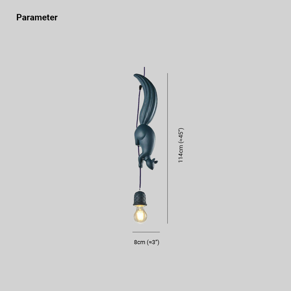 Dimension drawing for the Clérachic squirrel pendant light, showing a 114 cm (≈45″) drop and 8 cm (≈3″) cup width.