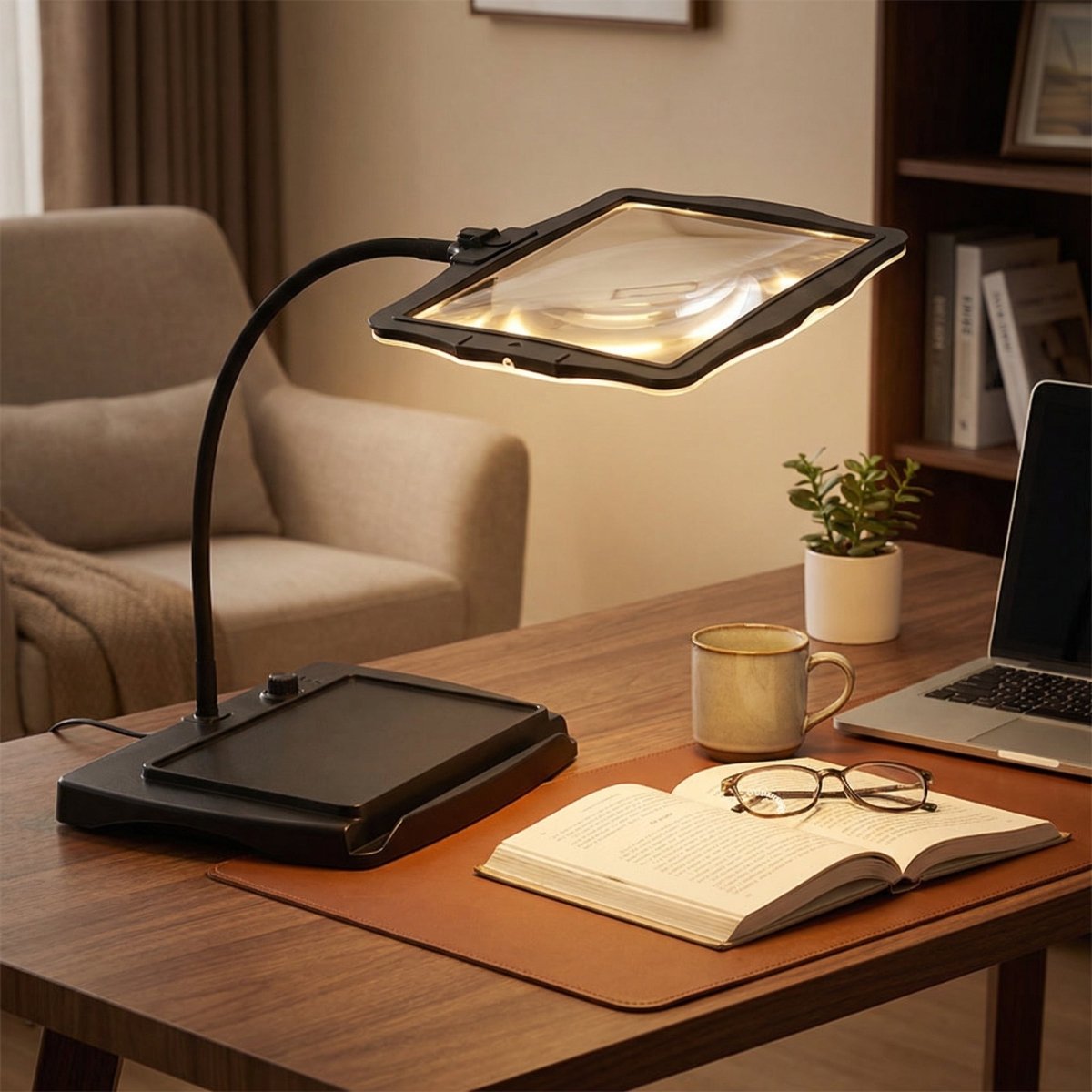 48-LED Magnifier Desk Lamp, Gooseneck Arm, 3X Glass Lens, USB-C Rechargeable