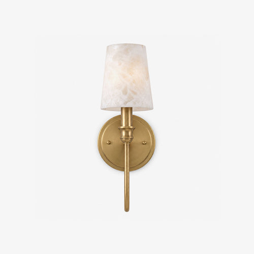 Product view of this Clérachic sconce in brass hardware, its tapered alabaster cone shade glowing on a plain backdrop.