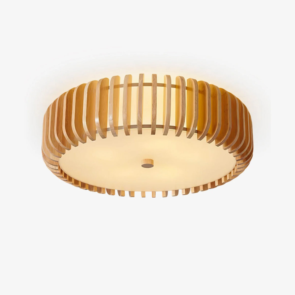 Angled product shot of this Clérachic ceiling light, wood slats fanning around a glowing white diffuser.