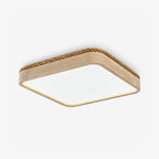 A Clérachic flush mount ceiling light in yellow travertine, its square edge wrapped in wound jute rope, shown against a plain backdrop.