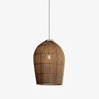 Product view of this Clérachic pendant, its tapered rattan cage and looped handle ring shown against a plain background.