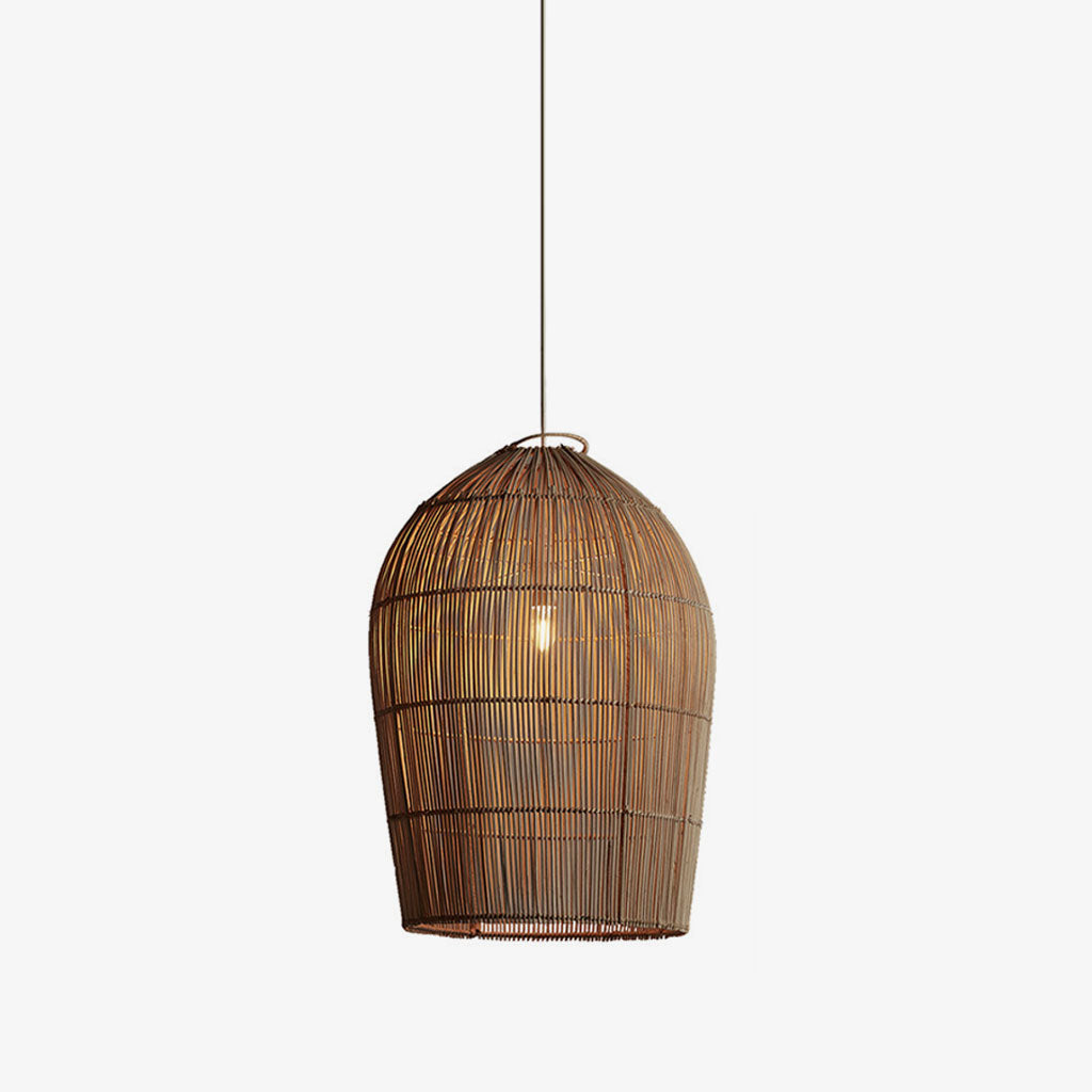 Product view of this Clérachic pendant, its tapered rattan cage and looped handle ring shown against a plain background.