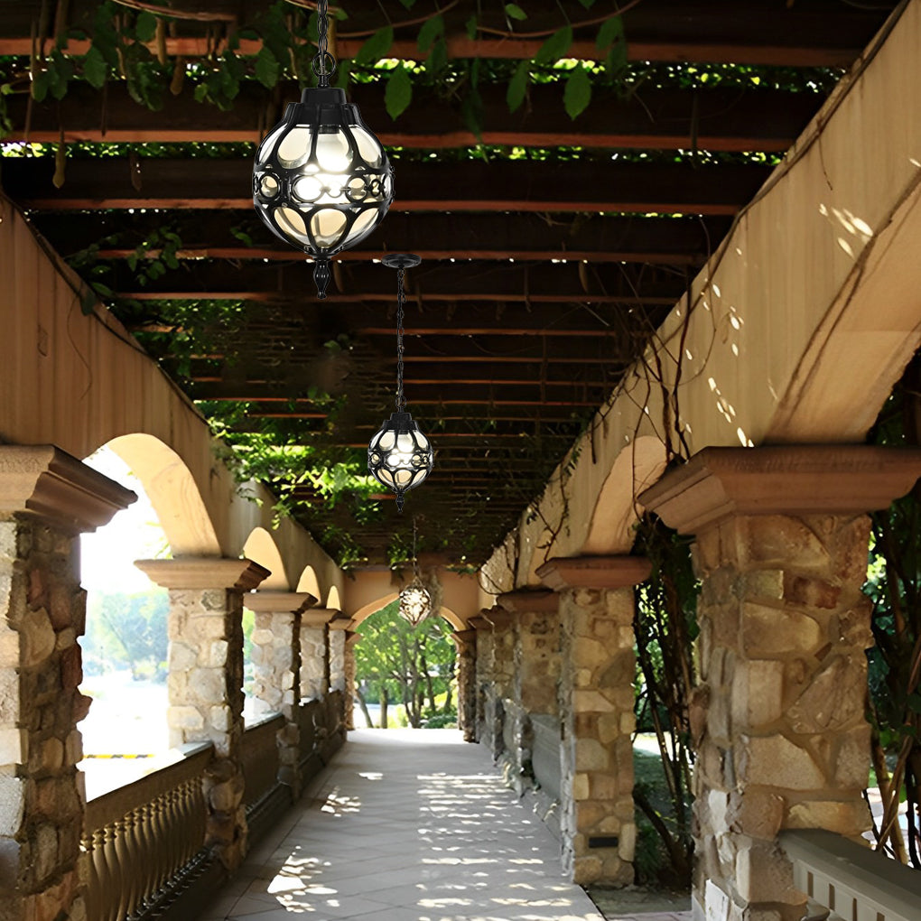 Outdoor Chandelier With Retro Ball Shades, Aluminum And Glass Build