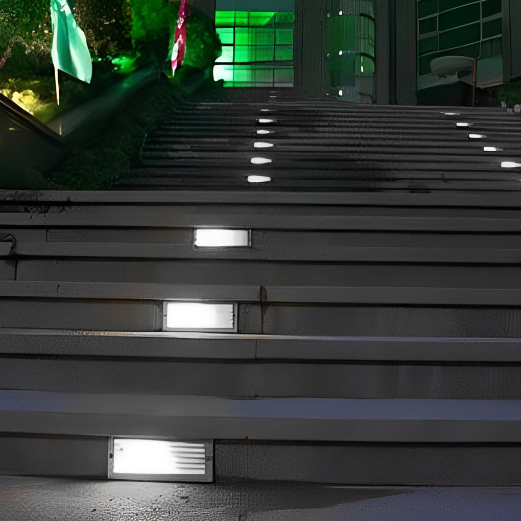 Quine Recessed Stair Light, Rectangular Stainless Steel Grille