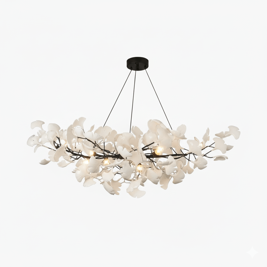 Gingko chandelier branches detail with delicate ceramic leaves