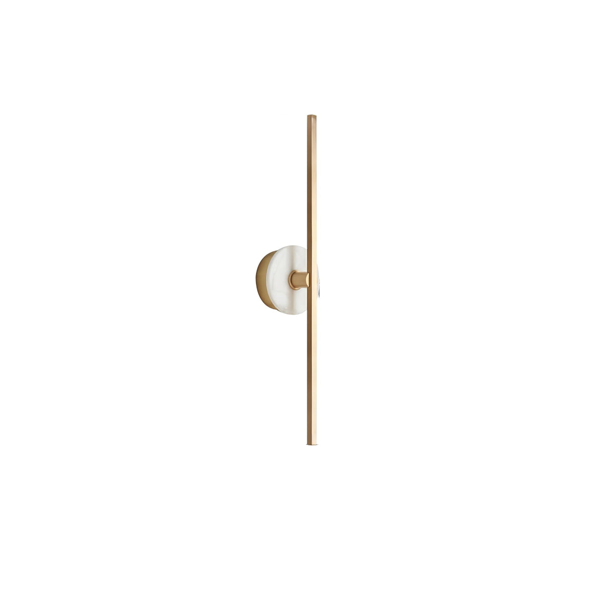 Clérachic wall sconce on white, its pale alabaster disc set near the top of a full-length brass bar.