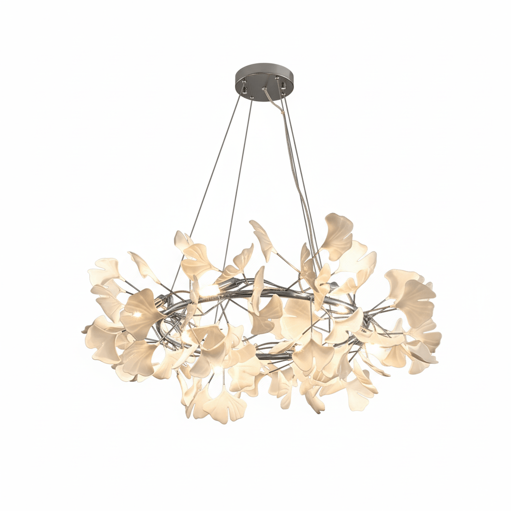 Close view of porcelain leaves fanned around the brass loop