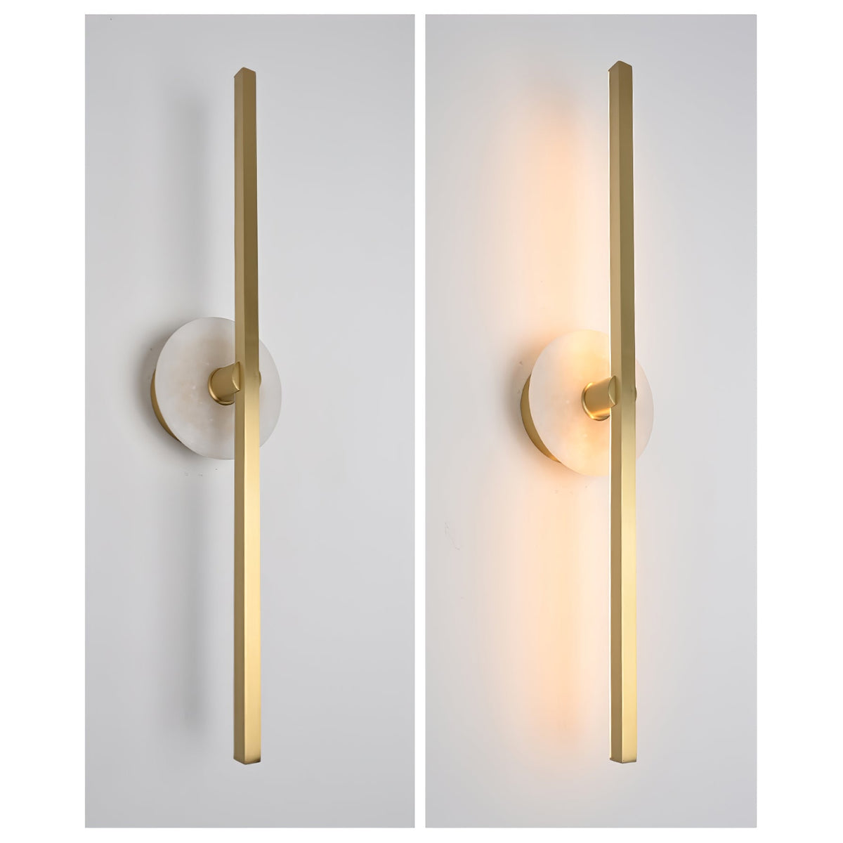 Clérachic wall light shown off and lit side by side, warm light spilling from its alabaster disc once switched on.
