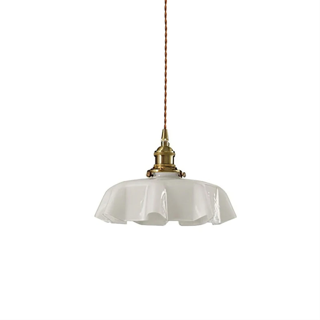 French Flower Pendant Light, Pleated Glass Shade, Brass, E27