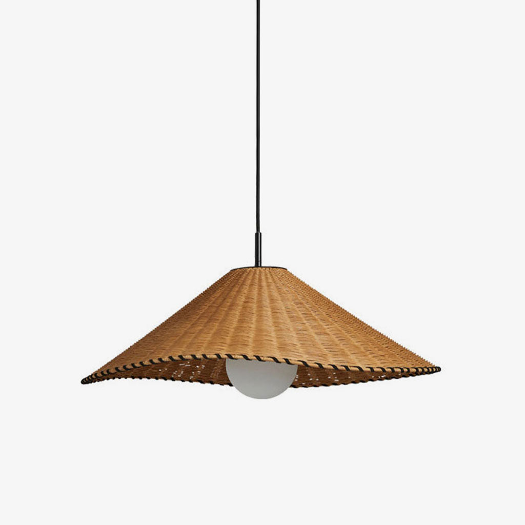 On a plain backdrop, this lit Clérachic pendant shows its wide woven cone and scalloped trim.