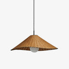 On a plain backdrop, this lit Clérachic pendant shows its wide woven cone and scalloped trim.