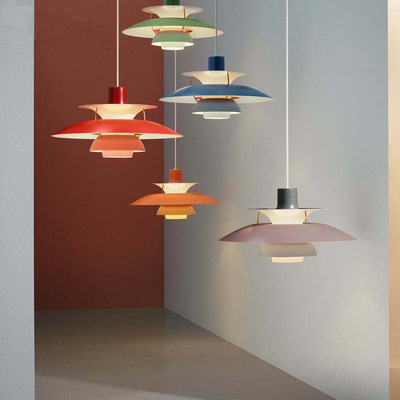 Multicolor Pendant Light With LED Glow, Tiered-Shade Retro Ceiling Lamp