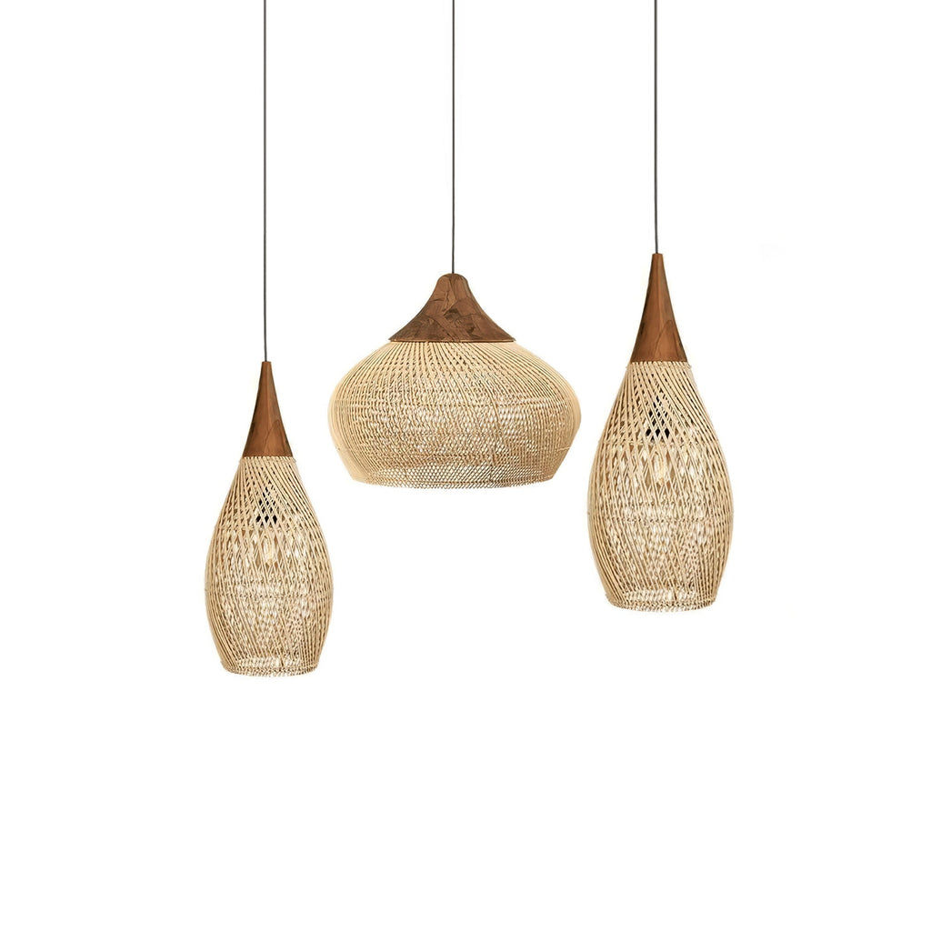 Tall cylinder rattan pendant light with open woven shade