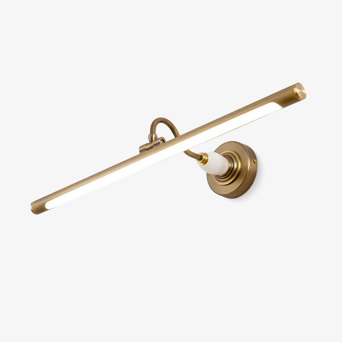 Viewed at an angle, this Clérachic wall sconce in gold glows along its bar, its curved arm rising from a round wall plate.