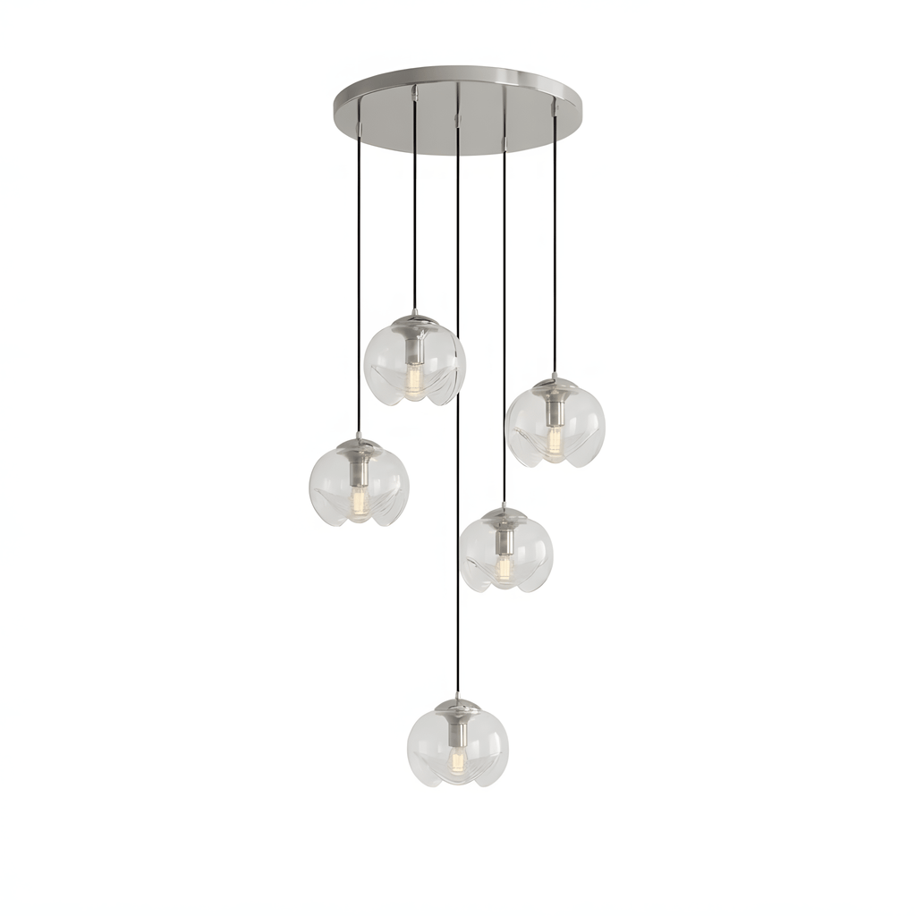 A compact cluster of clear glass shades hangs from a chrome ceiling plate, this Clérachic fixture shown on a white background.