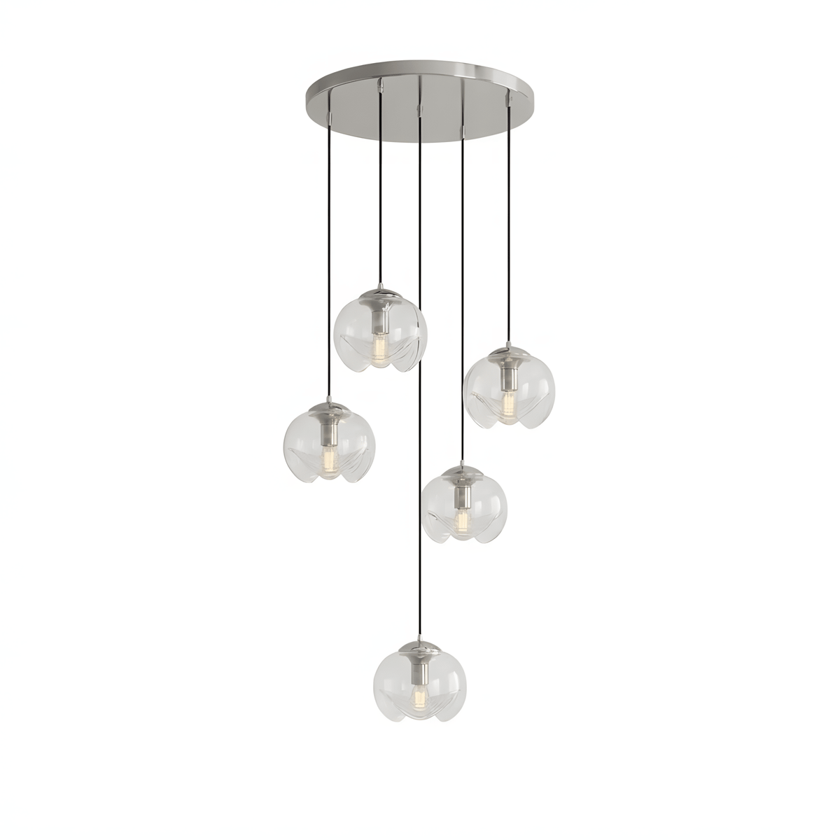 A compact cluster of clear glass shades hangs from a chrome ceiling plate, this Clérachic fixture shown on a white background.