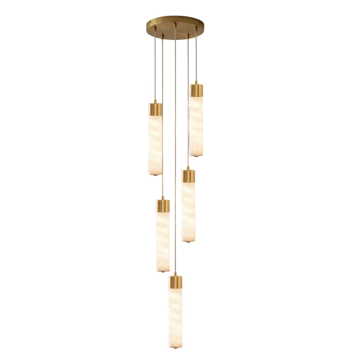 This Clérachic pendant's five brass-capped alabaster tubes cascade from a round brass plate on a white background.