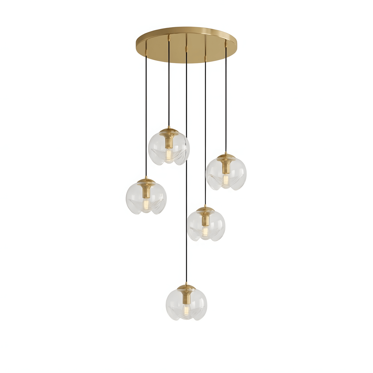 Six small round clear glass shades hang at staggered heights from a gold ceiling plate, this Clérachic fixture shown on white.