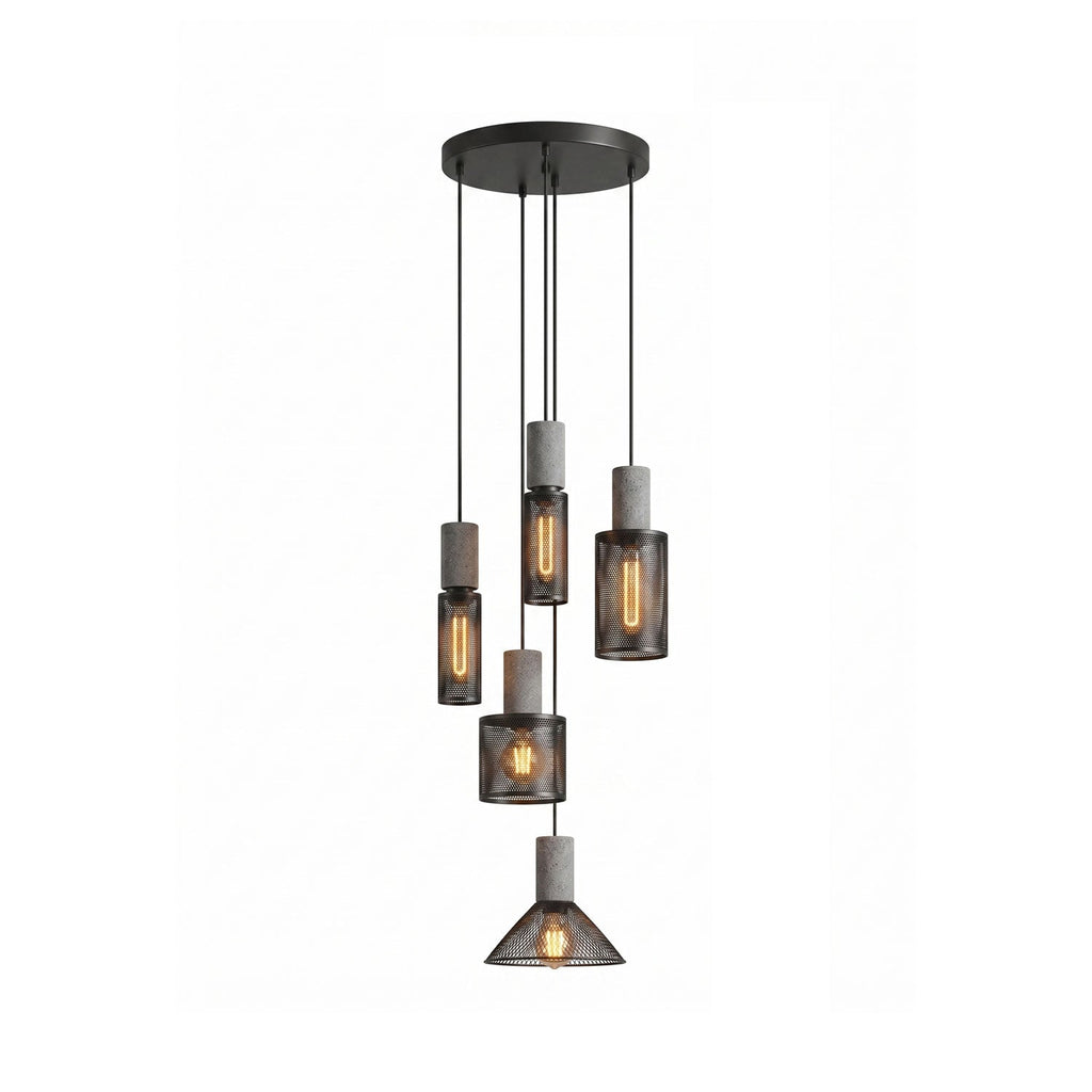 Five cement mesh pendant lights grouped over a long table