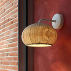 Woven Rattan Wall Lamp For Outdoor Spaces With Lantern-Style Shade