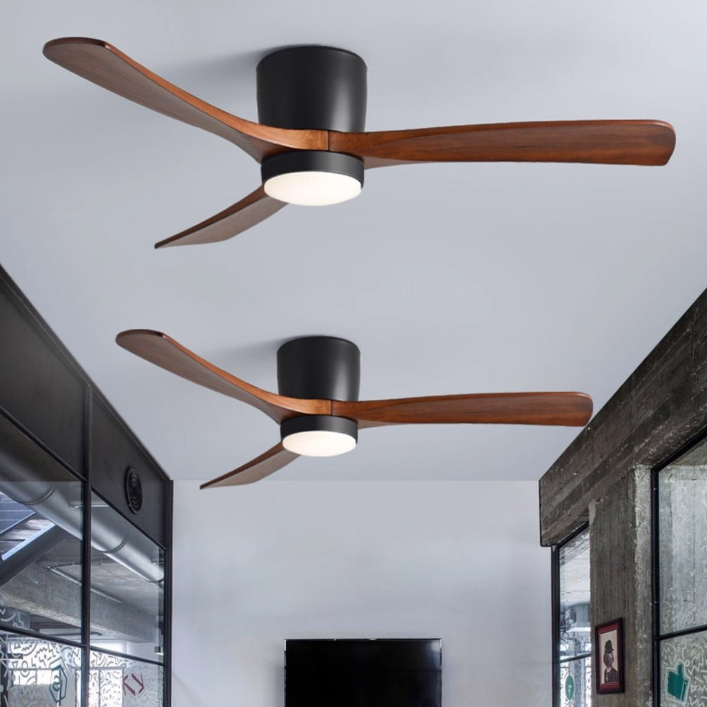 Solid wood ceiling fan with warm light in a furnished room