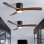 Solid wood ceiling fan with warm light in a furnished room