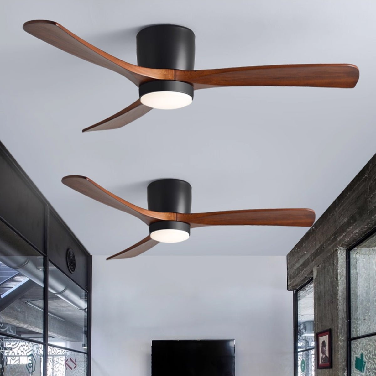 Solid wood ceiling fan with warm light in a furnished room