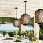 Lustre d'extérieur en rotin et fer, design rustique moderne tressé à la main