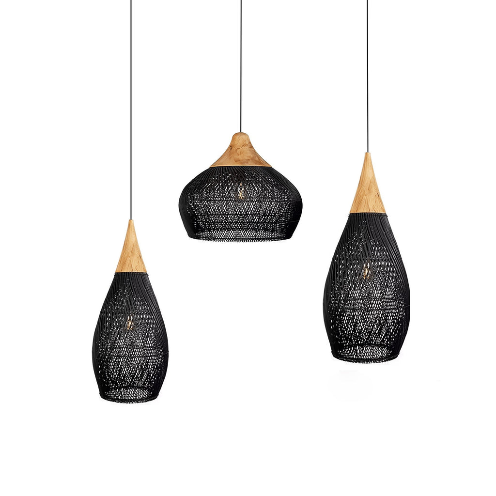 Natural rattan pendant light with wood body over a table