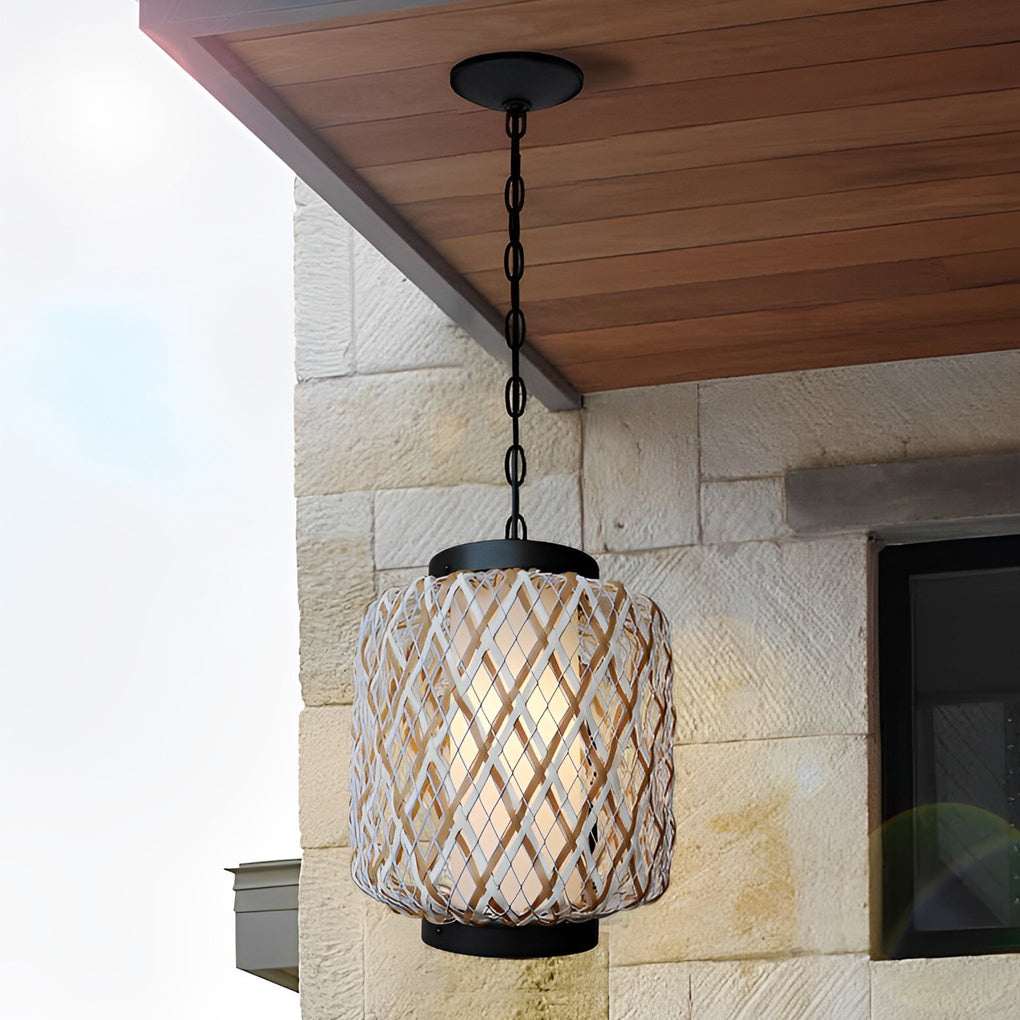 Lustre d'extérieur en rotin et fer, design rustique moderne tressé à la main