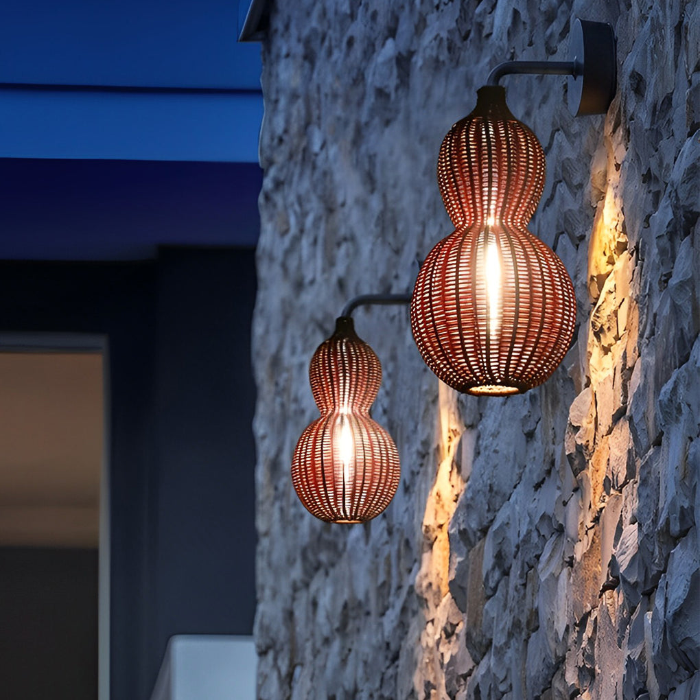 Woven Rattan Pendant Light With Gourd Silhouette, Outdoor Fixture