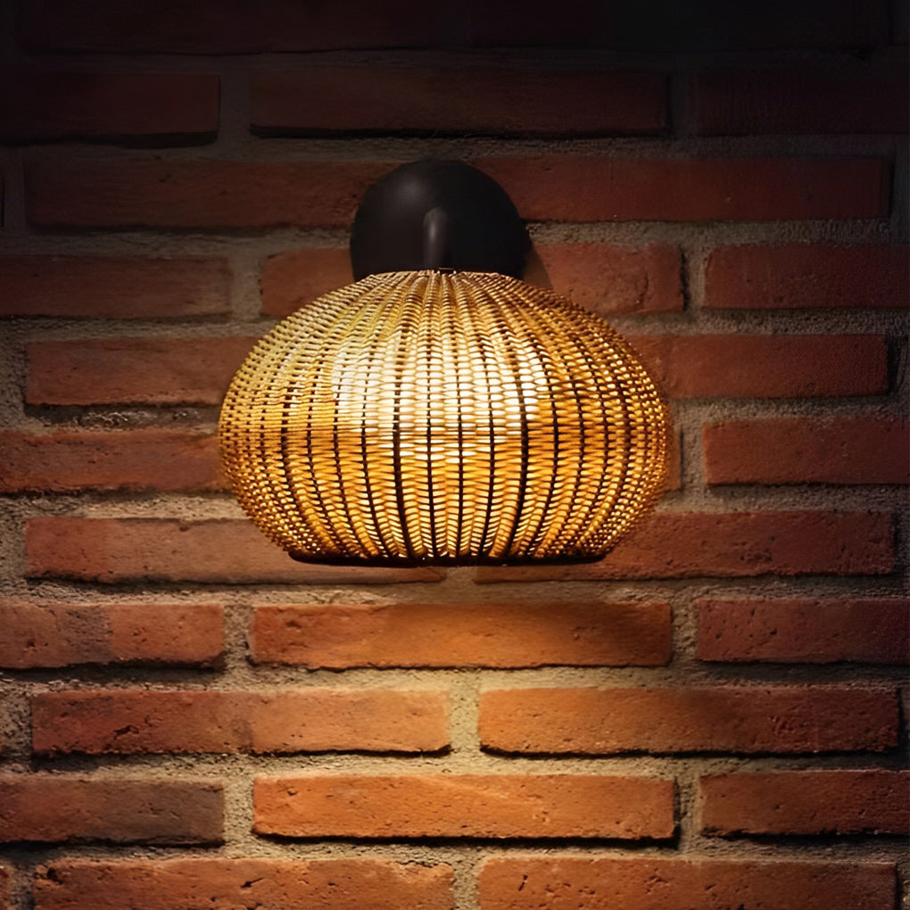 Woven Rattan Wall Lamp For Outdoor Spaces With Lantern-Style Shade