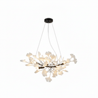 Gingko chandelier close detail of metal branches and ceramic leaves
