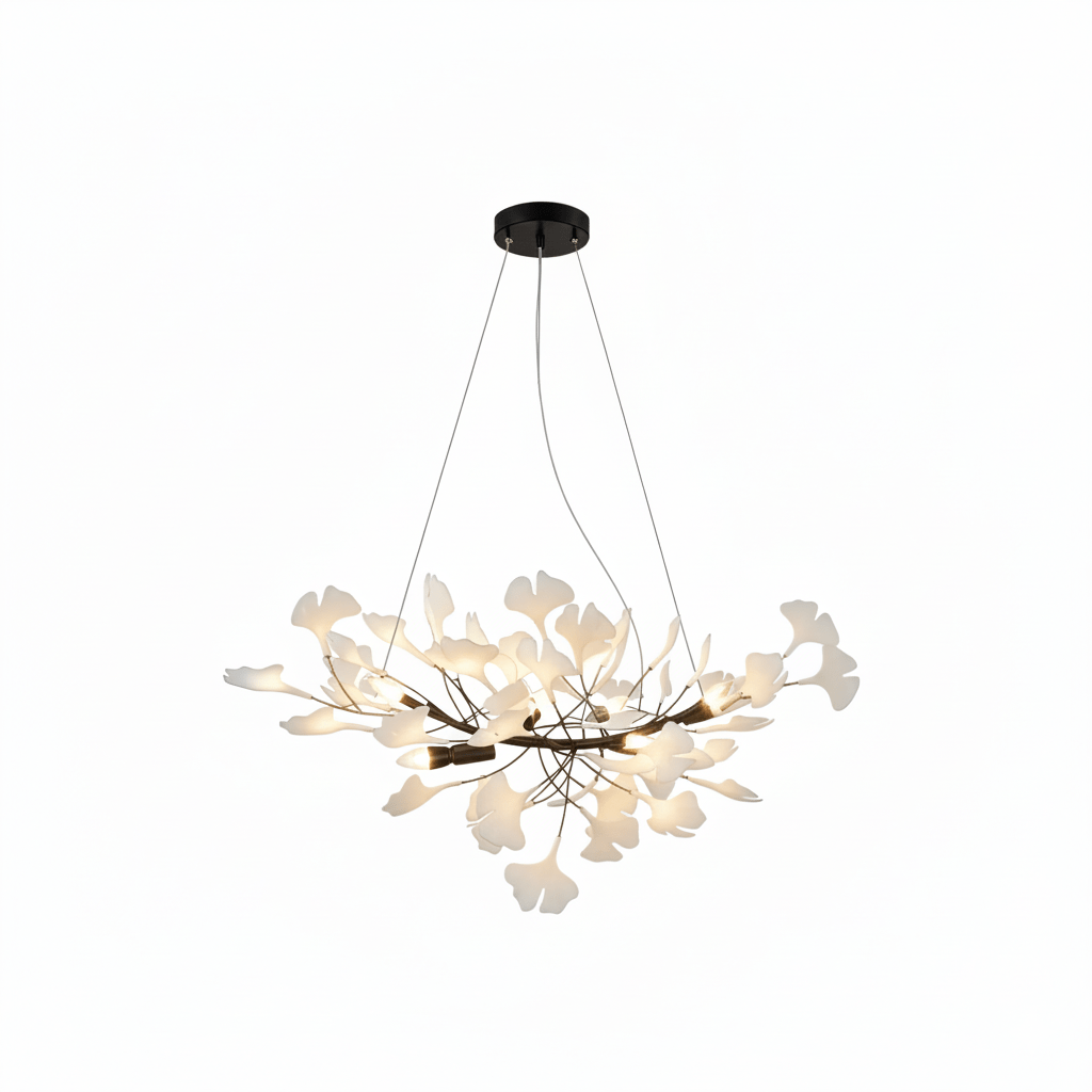 Gingko chandelier close detail of metal branches and ceramic leaves