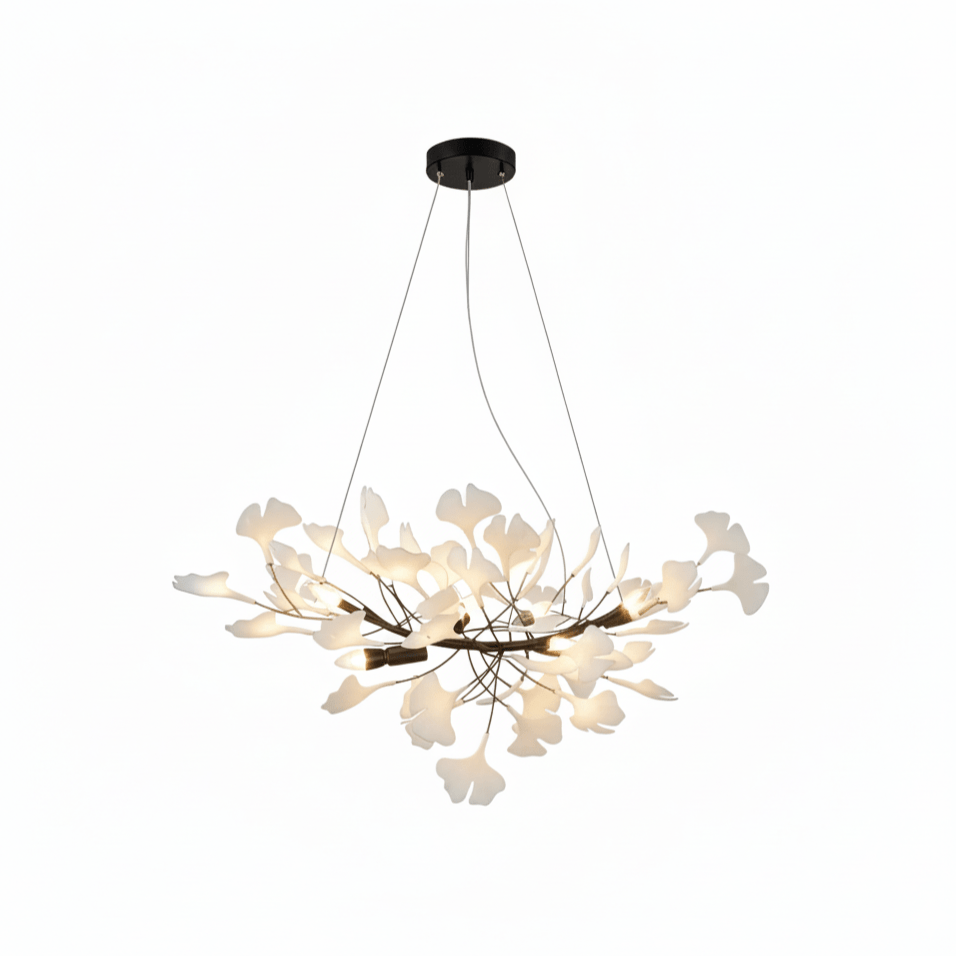Gingko leaf chandelier detail showing individual porcelain leaves