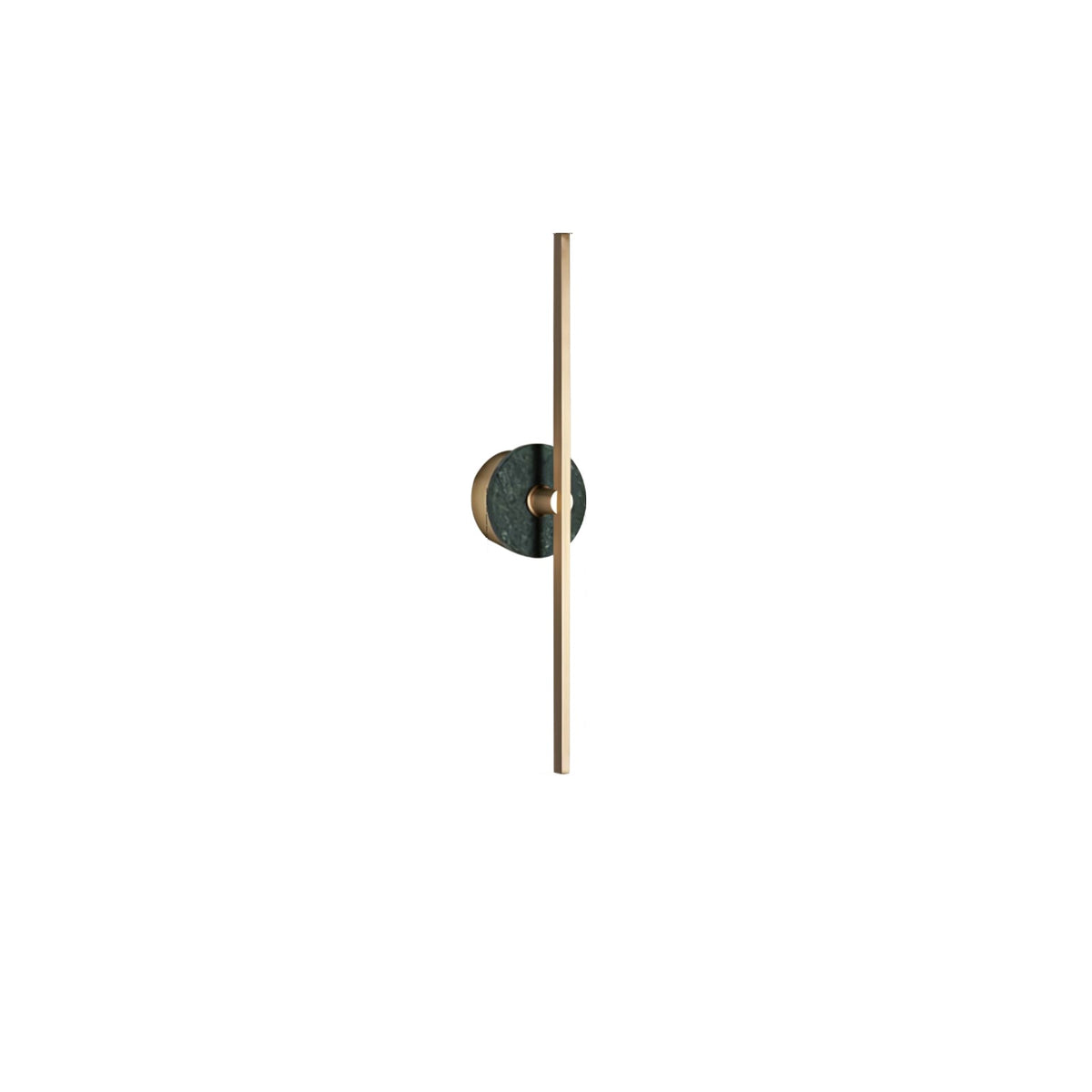 Clérachic wall light on white, a deep green stone disc set against its slender, full-length brass bar.