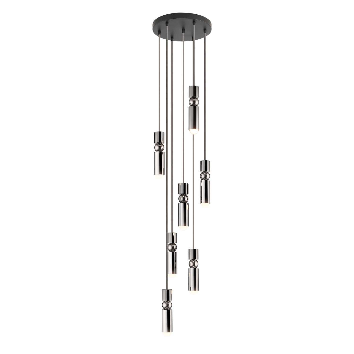 Cylinder cluster pendant light with seven slimline heads lit