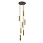 Seven head geometric pendant light suspended over a table