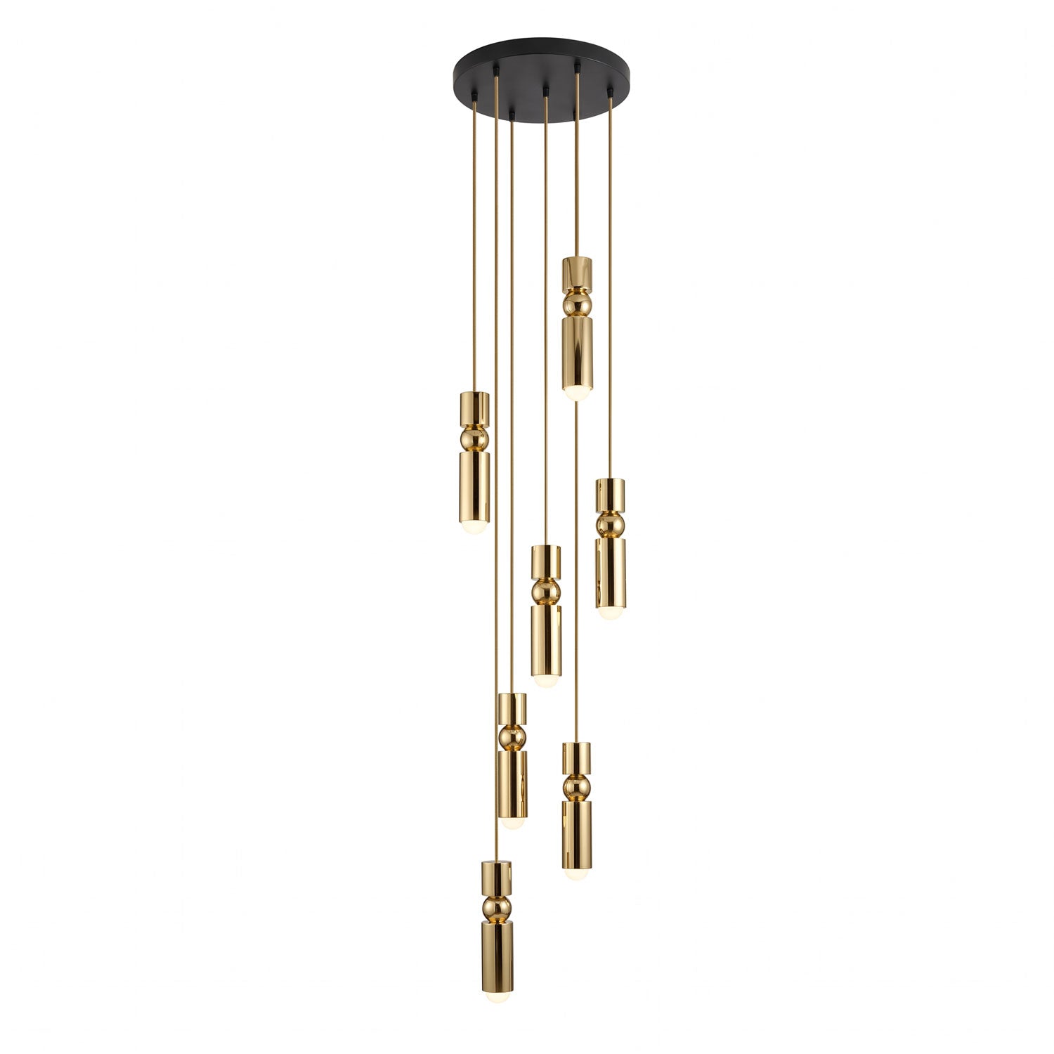 Seven head geometric pendant light suspended over a table