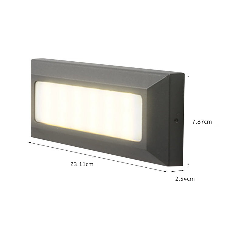 Dimension drawing showing the light 23.11 cm wide, 7.87 cm tall and 2.54 cm deep.