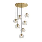 Clear glass shades spiral down from a gold ceiling plate in a dense cluster, this Clérachic fixture shown on a white background.