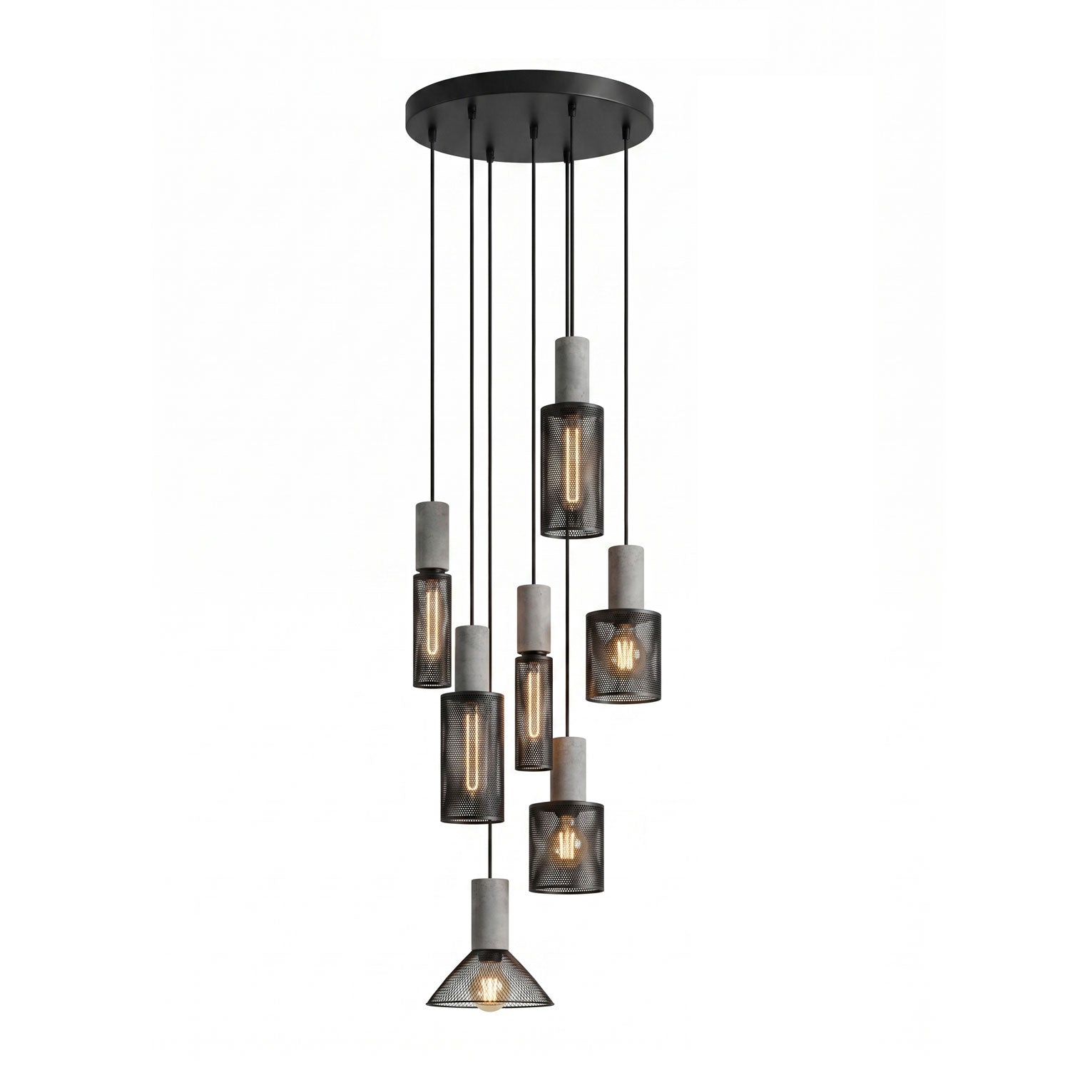 Seven cement mesh pendant lights clustered in an open space