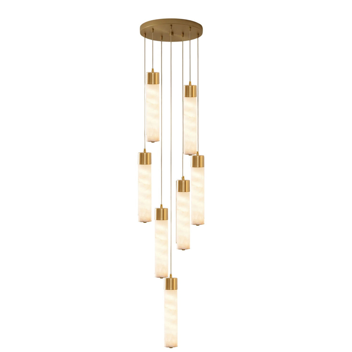 A cluster of seven brass-capped alabaster tubes cascades from this Clérachic pendant's round ceiling plate on white.