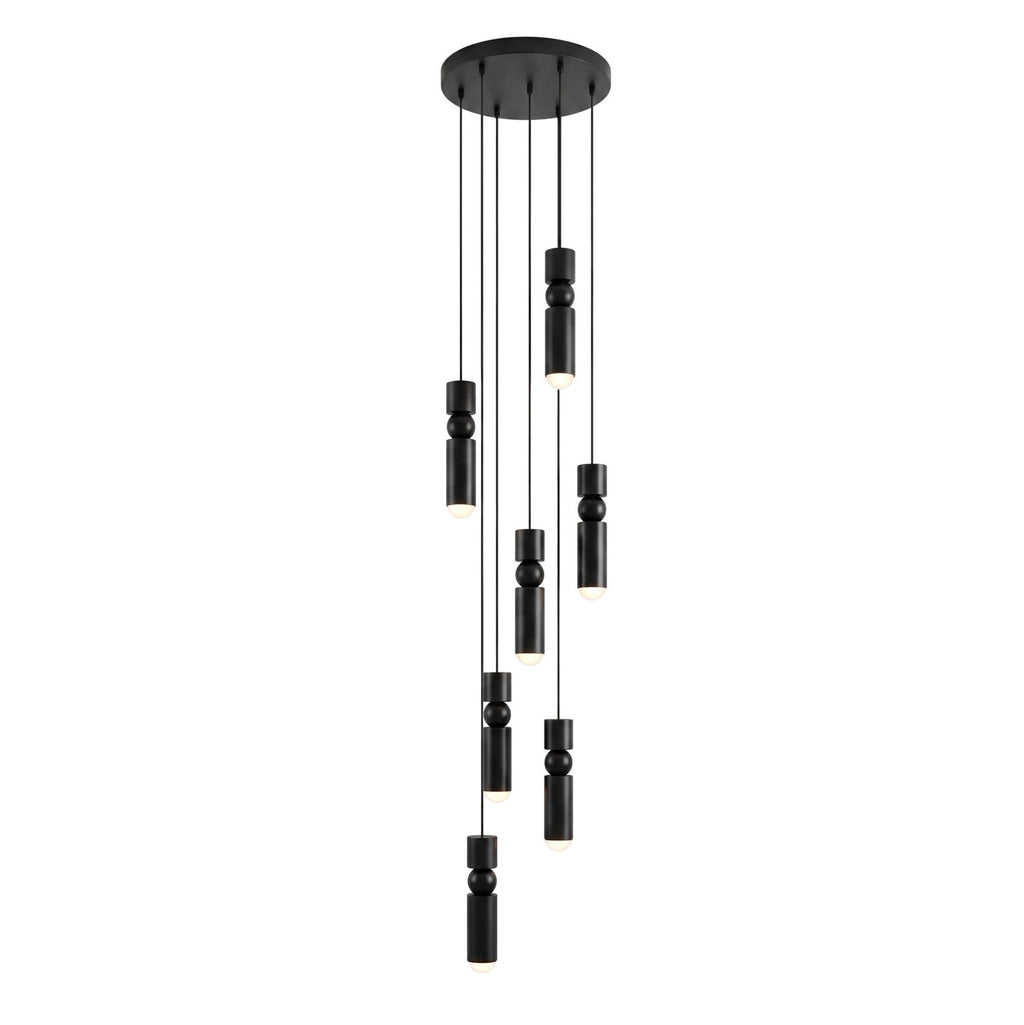 Seven head pendant light with cylinders around a central sphere