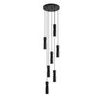 Seven head pendant light with cylinders around a central sphere